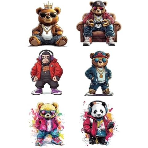 arricraft 6 Pcs Iron on Decals Patches, 6 Sizes Hip-hop Animals Iron on Stickers Fashion Bear Monkey Panda Heat Transfer Stickers Plastic Washable Patches for DIY Clothes Decor Backpacks Cover Cover