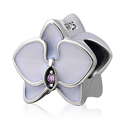 Orchid with Cz Stone and Enamel Charm 925 Sterling Silver Flower Charm Lucky Charm Anniversary Charm for Pandora Charms Bracelet (White)