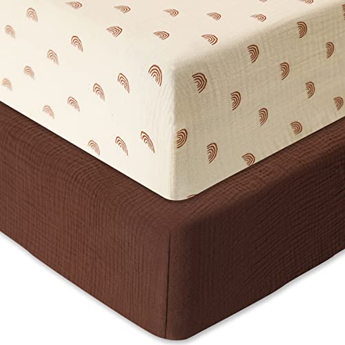 Image of Mom Beebi Muslin Crib Sheets, 100% Cotton Baby Crib Sheets for Standard Crib Mattress & Toddler Bed Mattress (52"x 28"), Ultra Soft & Breathable Baby Sheets, 2 Pack