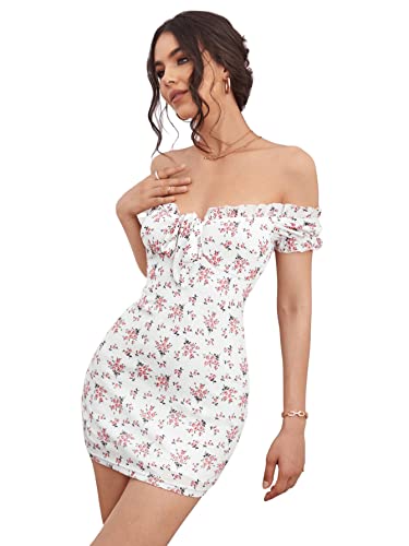Sweatyrocks Women's Casual Off Shoulder Dress Floral Print Tie Front Bodycon Mini Dresses White L #TOP3