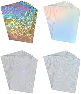 36 Sheets Holographic Stickers Paper, A4 Holographic Vinyl Overlay Paper Self-Adhesive Clear Holographic Stickers, Waterproof, 4 Patterns (Gem, Spot, Rainbow, Star)