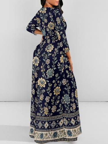 Image of Women Plus Size Long Sleeve V Neck Maxi Dress with Belt | Soft fabric relaxed fit three quarter sleeve v neck with pockets for party and daily wear