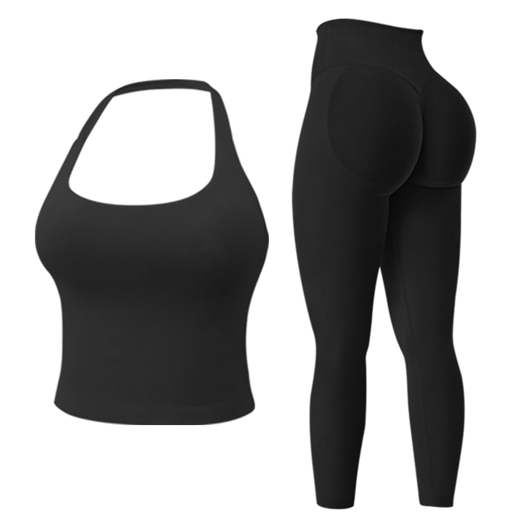 JN JANPRINT Set da palestra da donna, 2 pezzi, reggiseni sportivi con schiena scoperta, allacciatura al collo, leggings nascosti, per yoga, allenamento, tute