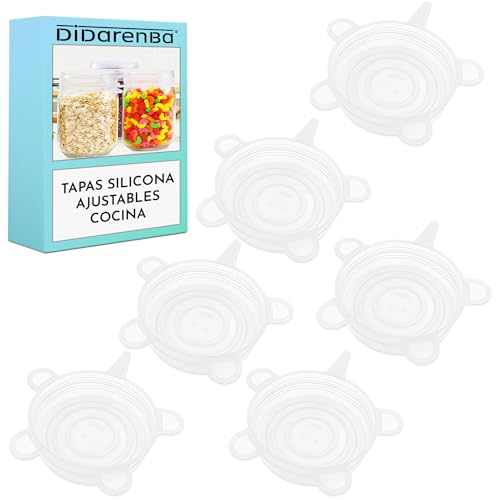 Tapas Silicona Ajustables Cocina para botes latas tazas vasos reutilizables Sin BPA Ecologicas Resistentes a Altas y Bajas Temperaturas Apta para Lavavajillas transparente