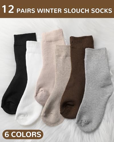 Image of Shihanee 12 Pairs Neutral Socks for Women Fuzzy Thermal Brown Crew Boot Socks Casual Aesthetic Slouch Warmer for Athletic Fall Boot Essentials