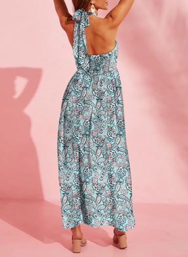 Image of Dokotoo Women's Summer Dresses Halter Neck Sleeveless Backless Flowy A Line Boho Maxi Dress