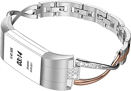 Wearlizer Replacement Compatible with Fitbit Charge 2 Bands for Women Metal Bangle/Bracelet/Assesories/Straps/Wrist Band for Fitbit Charge hr 2 Women Small Large (Rose Gold+Silver)