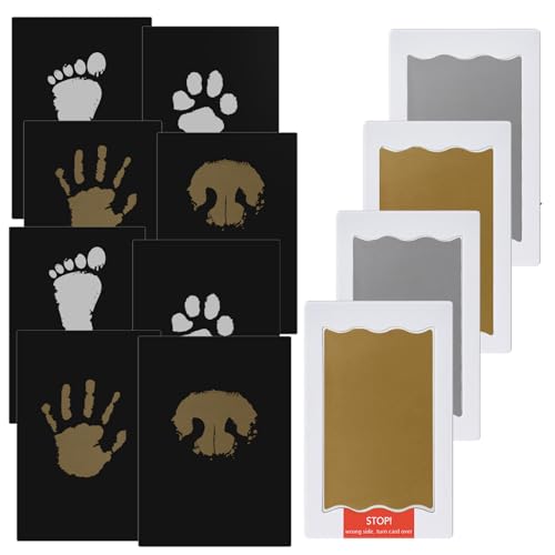 Nabance Pfotenabdruck set Hund, Fußabdruck Baby, 4 pcs Gold und Silber Stempelkissen mit 8 Karten Fussabdruck Baby Handabdruck Baby Hundeschnauze Druck Kit Abdruck set Geschenk für Haustiere Besitzer