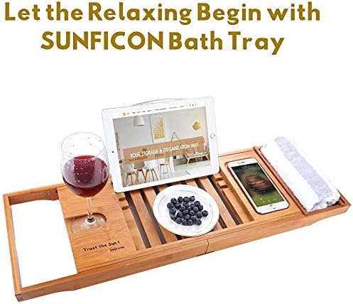 SUNFICON Bamboo Bath Tray Bathtub Caddy Bath Tub Reading Shelf Rack Organizer Removable Storage Tray Extending Sliding Side Mug/Wineglass/Phone Holder, Metal Frame Book/Tablet Holder Waterproof Cloth