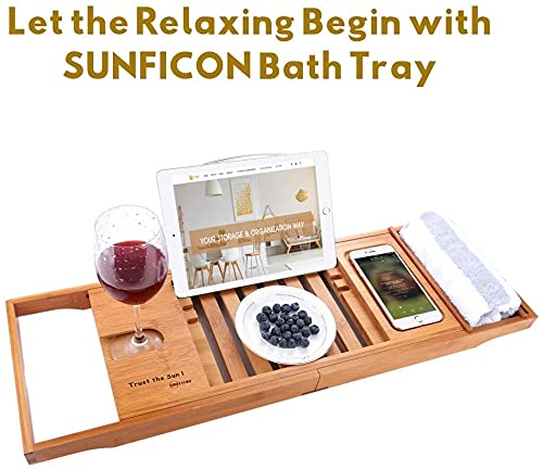 SUNFICON Bamboo Bath Tray Bathtub Caddy Bath Tub Reading Shelf Rack Organizer Removable Storage Tray Extending Sliding Side Mug/Wineglass/Phone Holder, Metal Frame Book/Tablet Holder Waterproof Cloth