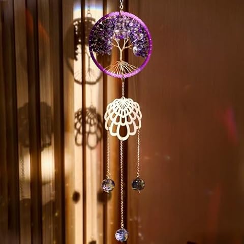Crystal Suncatchers for Windows Hanging,Healing Crystals Indoor Outdoor Garden Patio Decor,Handmade Tree of Life Rainbow Maker,Meditation Ornaments,Good Luck Blessing (Purple) Cover