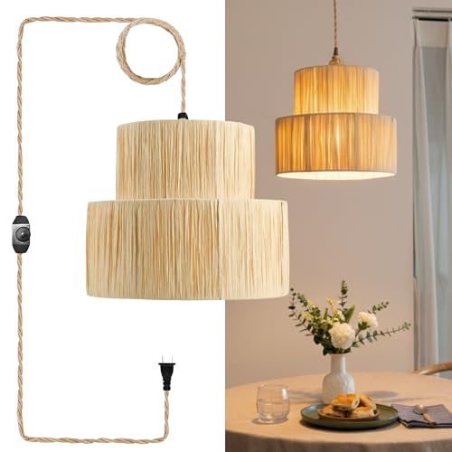 CHI AN HOME 12” Raffia Hanging Lamp Wicker Plug In Pendant Light, Boho Woven Lamp Shade Lighting for Living Room Bedroom Kitchen Island, Hanging Light Modern Farmhouse Decor 2-tier (No BULB Included)