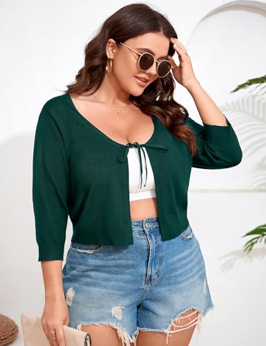 Image of ShopWonder Women's V-Neck Tie Front Shrug 3 /4 Sleeve Rib-Knit Cardigan Sweater Crop Top