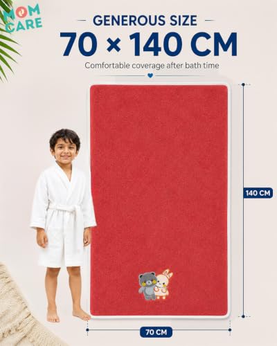 Image of MOM CARE Baby Kids Bath Towel 70x140 cm, Soft Microfiber, Quick Dry Red