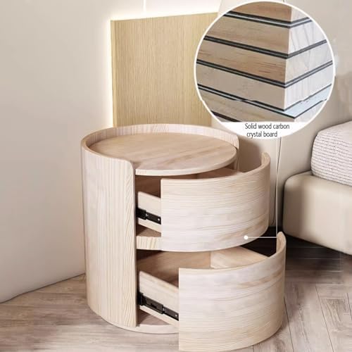Modern Round Nightstand with 2 Solid Wood Drawers, Minimalist Bedroom Bedside Table, Leather Accent Side Table for Living Room, Dark Gray Finish (17.7" D x 17.7" W x 19.7" H)