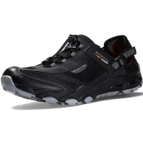 Humtto Mens Womens Athletic Outdoor Sandals - Amphibious Hiking Sandal Sport Sandal Closed Toe, Adjustable, Arch Support For Beach Vacation Camping Summer Sandals 7.5 Black/Grey #TOP4