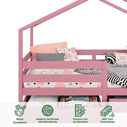 Cama Montessoriana Madeira Maciça Casa com Estrado Ena (Rosa)