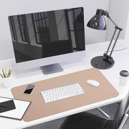 Image of AROPANA Vegan Leather Desk Mat | Large Reversible Mouse Pad & Computer Table Protector | Dual-Side Waterproof Extended Laptop Pad with Edge-Stitched Design (70x35CM, Apricot and Orange)