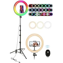Tripode Para Celular Con Luz Railee Aro de Luz con Trípode 10´´ Ring Light para Movil TikTok Maquillaje Fotografía Selfie Youtube Anillo de Luz LED con 26 Modos RGB 3 Efectos de Iluminación 8 Brillo Alto Total 180cm