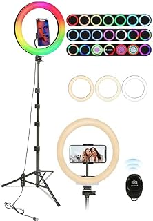 Railee Lampa Pierścieniowa ze Statywem 10-calowa Lampa Pierścieniowa LED do Selfie YouTube Tik Tok Fotografia Makijaż z 3 Białymi Światłami 26 RGB Zmiana Koloru 8 Jasność Całkowita Wysokość 180cm