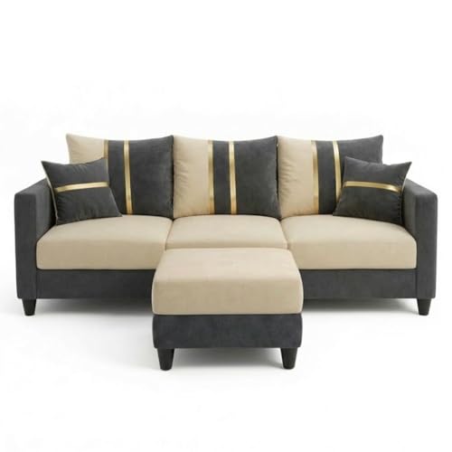 Image of Jester 4 Seater L Shape Sofa Set with Movable Ottoman | Flexible Left or Right Layout | Luxury Velvet Suede Fabric | Modern Living Room Sofa | Dark Grey-Cream