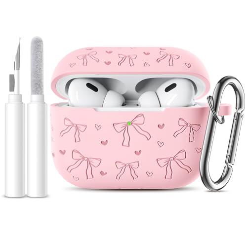 Lerobo for AirPods Pro 2 Case Cover, Cute Bow Heart Engraved Girly Design Soft Silicone Cover with Cleaner Kit & Keychain, Compatible with Apple AirPods Pro Case for Women, 360°Protection, Pink