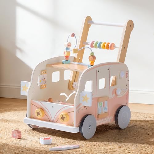 Image of ROBOTIME Wooden Baby Walker, Baby Push Walker, Activity Center Toys, Ajustable Speed Multi-Functional Baby Walker with Wheels for Babies Learning to Walk (Pink)