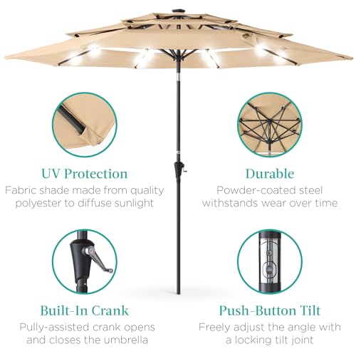 Best Choice Products 10ft 3-Tier Solar Patio Umbrella, Outdoor Market Sun Shade for Backyard, Deck, Poolside w/ 24 LED Lights, Tilt Adjustment, Easy Crank, 8 Ribs - Sand - Image 5