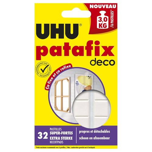 UHU Patafix Déco - Pastilles Adhésives Prédécoupées - Fixation Super Forte Jusqu'à 3 Kg - Testées Sous Contrôle Dermatologique - Blanches - 32...