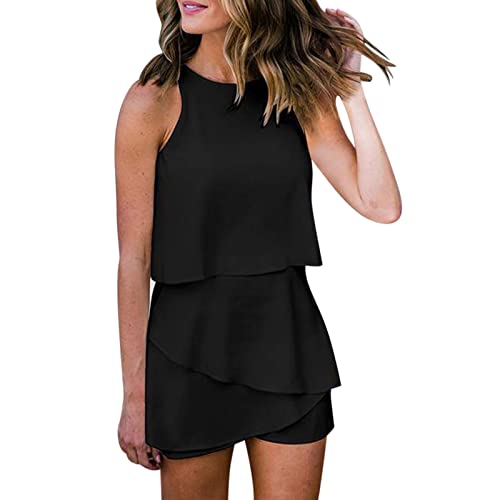 Moda de mujer monos con volantes y cuello redondo para un look elegante diario