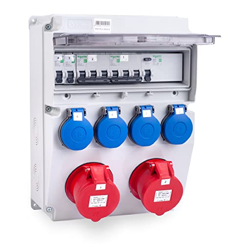 Tableau de distribution électrique de chantier MIDORI | Répartiteur de prises CEE complet 4020 Plus avec 2x 16A / 5P, 4x 230V de HAGER selon IP44 | Distributeur mural avec disjoncteur FI