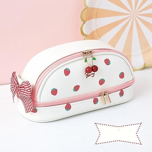 Image of M.F.H Strawberry Print Makeup & Pencil Pouch for Girls | Cute Pink Travel Cosmetic Bag with Bow, Dual Zipper & Spacious Storage | Stylish Stationery Organizer (Pack of 1)