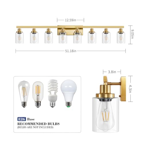 Image of 8 Light Gold Vanity Lights Over Mirror, 52inch Gold Bathroom Light Fixtures Modern Vanity Lights Gold Bathroom Wall Lighting for Mirror Bedroom,Living Room