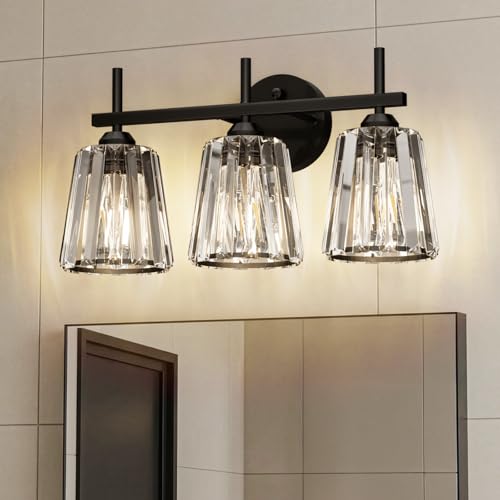 Image of Crystal Bathroom Light Fixtures Over Mirror, Black 3-Light Bathroom Vanity Lights Over Mirror Modern Wall Lighting Sconces with Ceramic E26 Base (Bulbs Not Include)