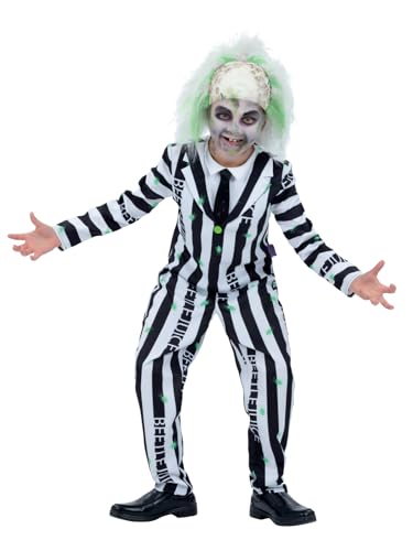 Smiffys Beetlejuice Child Costume with Jacket Mock Shirt Tie and Trousers Officially Licensed Warner Brothers Halloween Fancy Dress Classic Beetlejuice Stripes Age 7-9