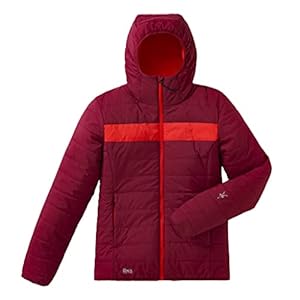 A maroon puffer with a red-orange stripe across the chest.