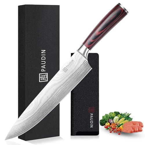 PAUDIN Küchenmesser, Kochmesser 25 cm, Profi Messer Scharfes Chefmesser, Edelstahl Fleischmesser mit Pakkaholz Griff, Kochmesser profi Messer aus Hochwertiger Carbonstahl, Geschenke für Männer