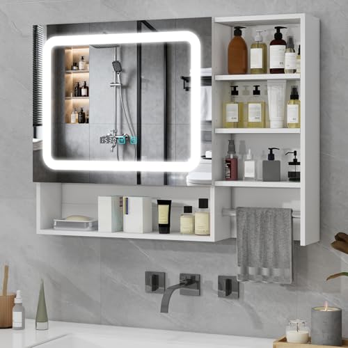 Yu Yusing Armario Baño Con Espejo Y Luz Led 80x14x60 Cm, Armario Baño Pared Con Toallero, Mueble Baño Colgar Con 3 Estantes Ajustables, 3 Modos De Luz, Blanco