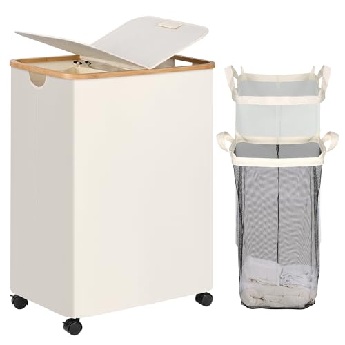 Image of efluky Double Laundry Hamper with Wheels, Divided Laundry Hamper with Removable Bags, 2 Section Dirty Clothes Basket with Handles for Bathroom, Bedroom & Laundry Room, 160L Beige