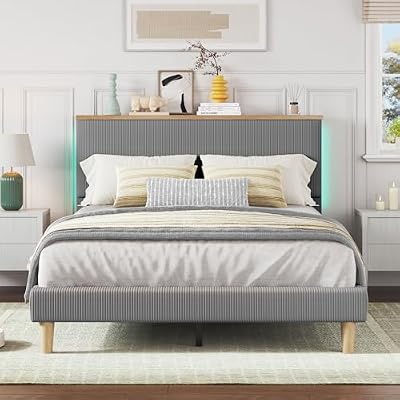 Bestier Queen Bed Frame with Adjustable Headboard & RGB LED Lighting, Corduroy Upholstered Platform Bed Frame with Storage Shelf, Solid Wood Slats, No Box Spring Needed,Never Squeak, Light Grey