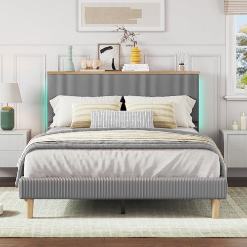 Image of Bestier Queen Size Bed Frame with Adjustable Headboard & LED, Light Grey