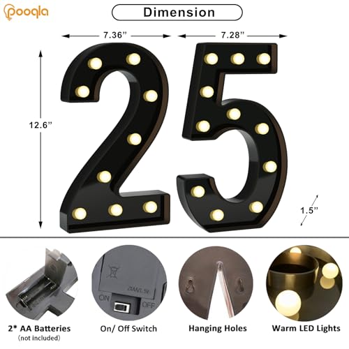 Image of Pooqla 25th Birthday Decorations for Men, Large Black Light Up Numbers | Black Party Decorations, 12.6in Tall Big Marquee Numbers 25th Anniversary Birthday Gift for Men Him Wedding Room Decor