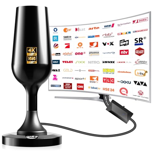 DVBT2 Antenne, zimmerantenne DVB-T & DVB-T2 Antennen mit Verstärker, Großer Reichweite und 360° Empfang, Zimmerantenne für Fernseher mit Starkem Magnetfuß, Geeignet für 4K 1080p -Schwarz