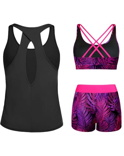 Image of Tempt Me 3 Piece Tankini Swimsuits for Women Athletic Bathing Suits Swim Tank Top with Boy Shorts and Bra Modest Swimwear