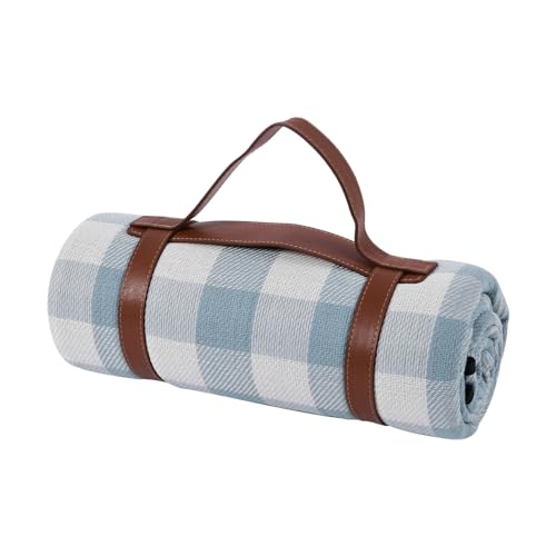 Sherwood Cotton Top Picnic Rug Foldable Multifunctional Outdoor Events Blanket with Handy Carry Strap-Blue and White Plaid 200x150cm