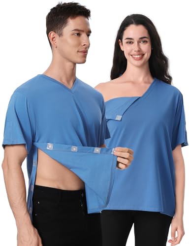 Image of Magnetic Buttons Post Shoulder Surgery Recovery Shirt for Men V-Neck Tear Away Adaptive Chemo Port Clothing for Women