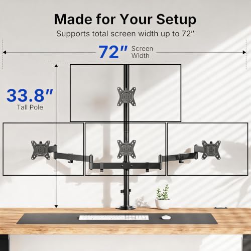 Image of HUANUO 4 Monitor Mount for 13-34 Inch Screens, Fully Adjustable Heavy Duty Monitor Desk Mount for 4 Screens with Swivel, Tilt, Rotation, Larger C-Clamp & Grommet Base, Each Arm Holds up to 22 lbs