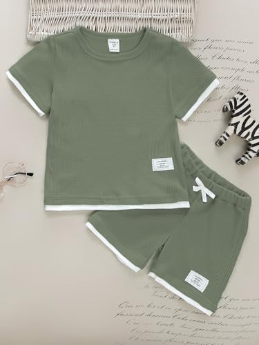 Image of Verdusa Boy's 2 Piece Casual Summer Outfits Waffle Knit Short Sleeve T Shirt and Track Shorts Sets Army Green 7Y