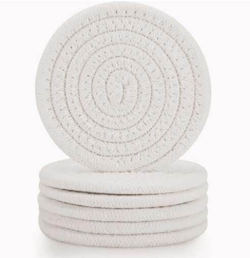 ABenkle 6 Pcs Coasters for Drinks,Super Absorbent Drink Coasters, Stylish Handmade Round Woven Coaster for Coffee Table Tabletop Protection Housewarming Gift for Home Decor - 4.3 Inches, White