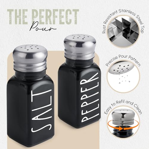Image of Black Salt and Pepper Shakers Set by Brighter Barns - Cute Kitchen Decor - Gothic or Halloween Kitchen Decor - Glass Shaker with Stainless Steel Lid for Home, Restaurant, Gifts (Black)